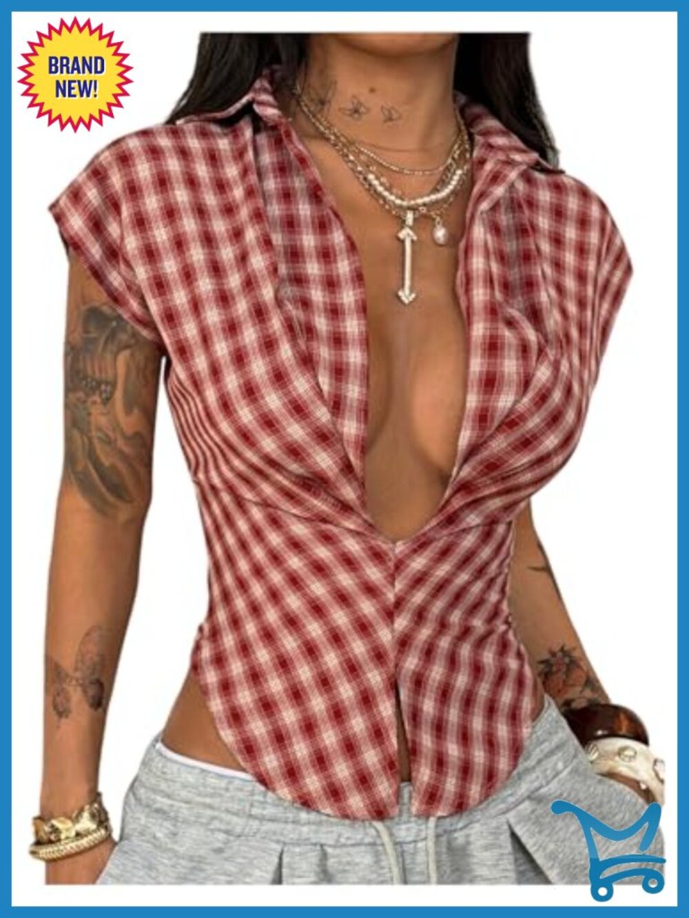 Milumia Women's Plunge V Neck Plaid Shirt Y2K Collared Blouse